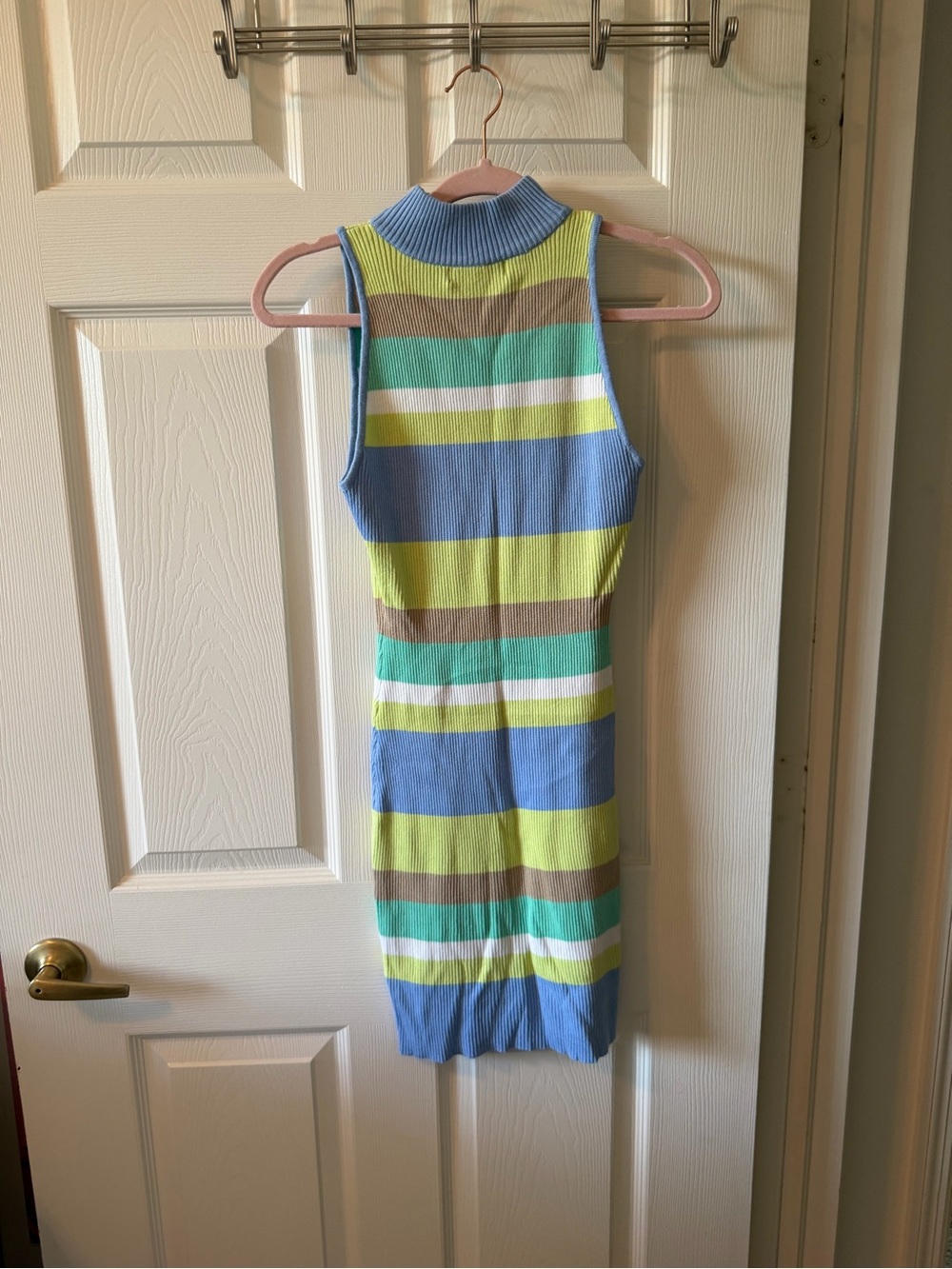 Sleeveless Striped Knit Mini Dress in Blue & Lime